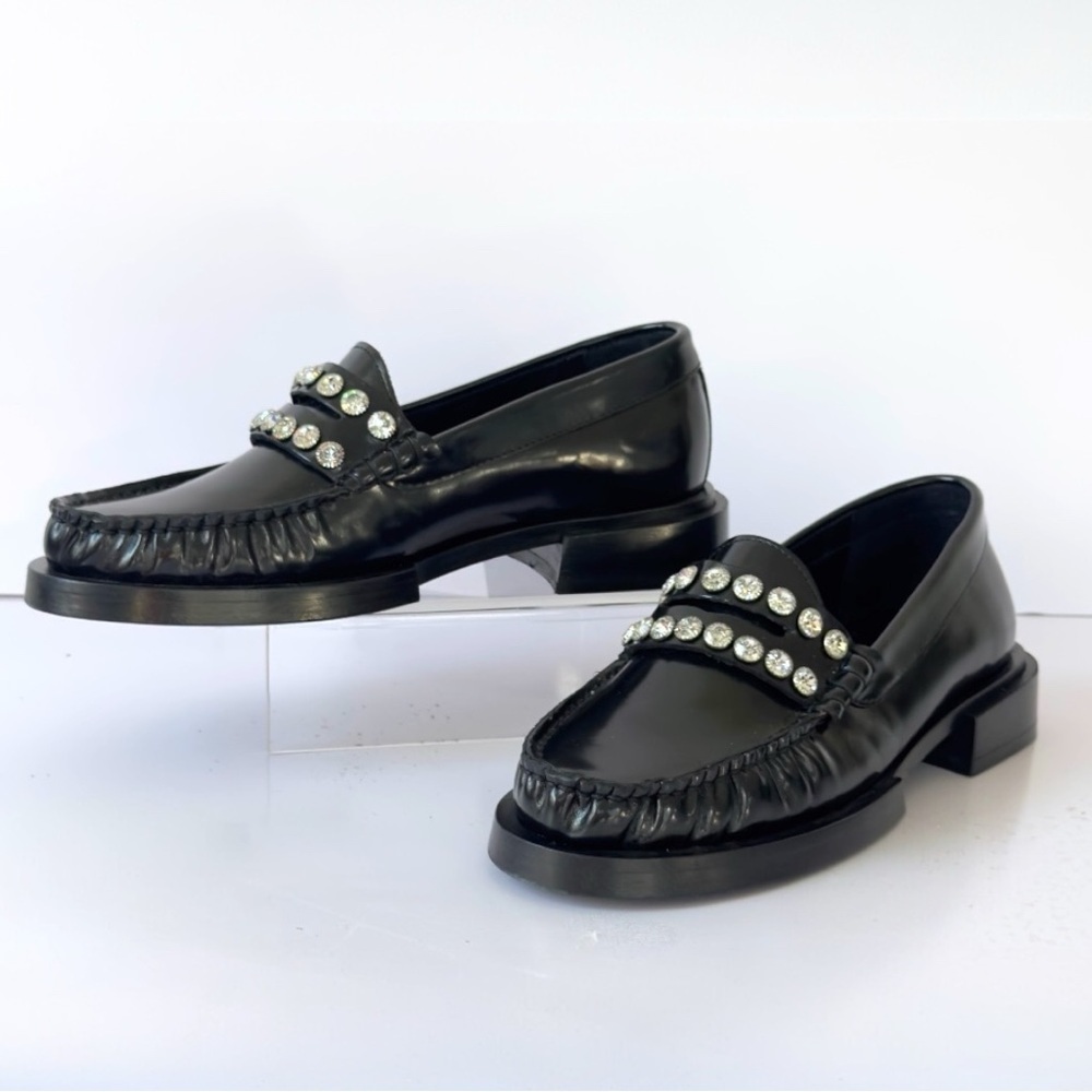 SANDRO Crystal-Embellished Patent-Leather Women’s Black Slip On Loafers Size 5 - Picture 7 of 16